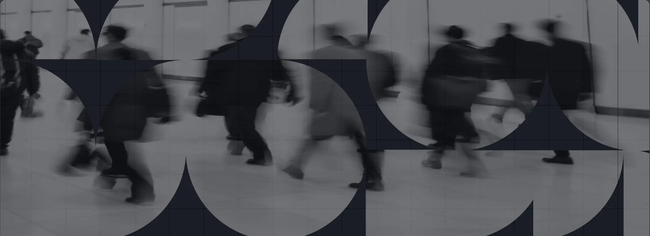 Commuters crossing a concourse, seen through the KASDAQ brand pattern